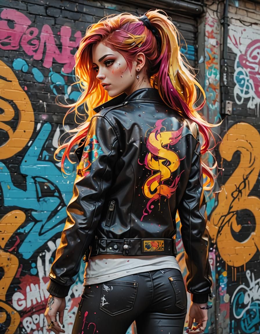 Sunset Shimmer Cyberpunk Street Art: Detailed Graffiti