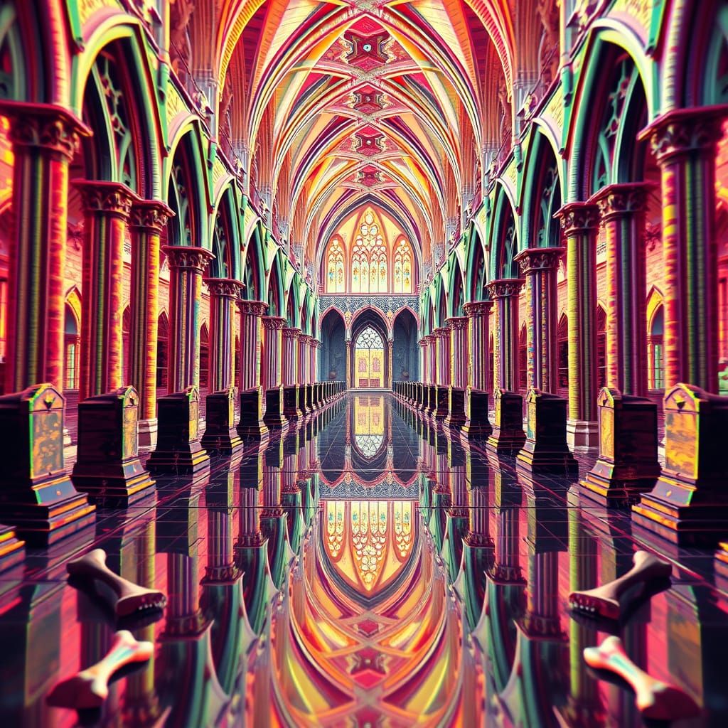 Gothic Cathedral in Infinite Mirror with Glitch Art