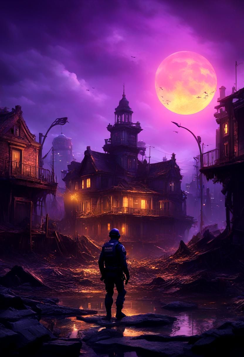 Dark Fantasy Haunted City with Futuristic Police