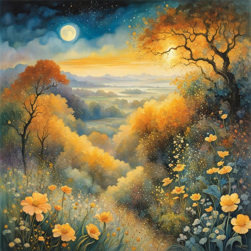 Ethereal Wanderer in Eden: Golden Fantasy Landscape