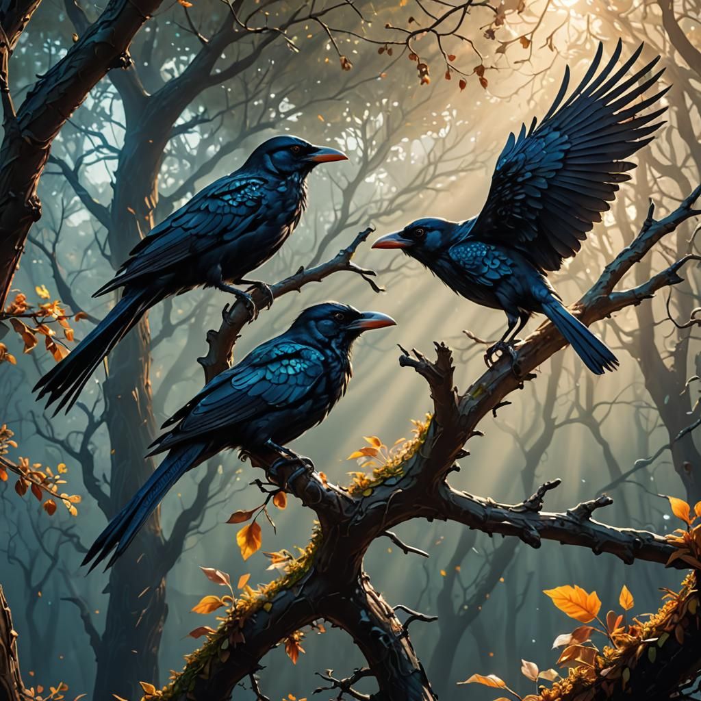 Ravens on Branch in Hyperrealistic Splash Art