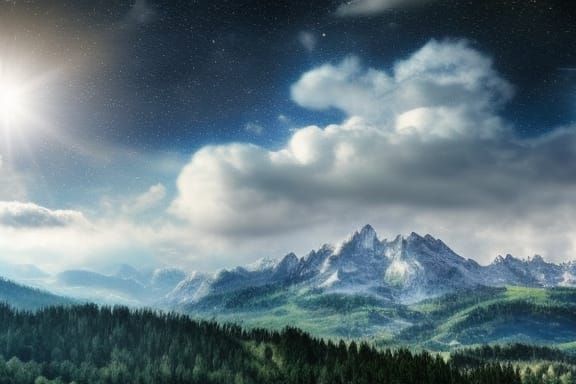 Photorealistic Stars Over Tall Fir Trees