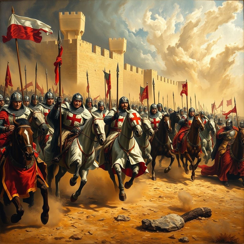Knights Templar Charge in Renaissance Oil Painting Style