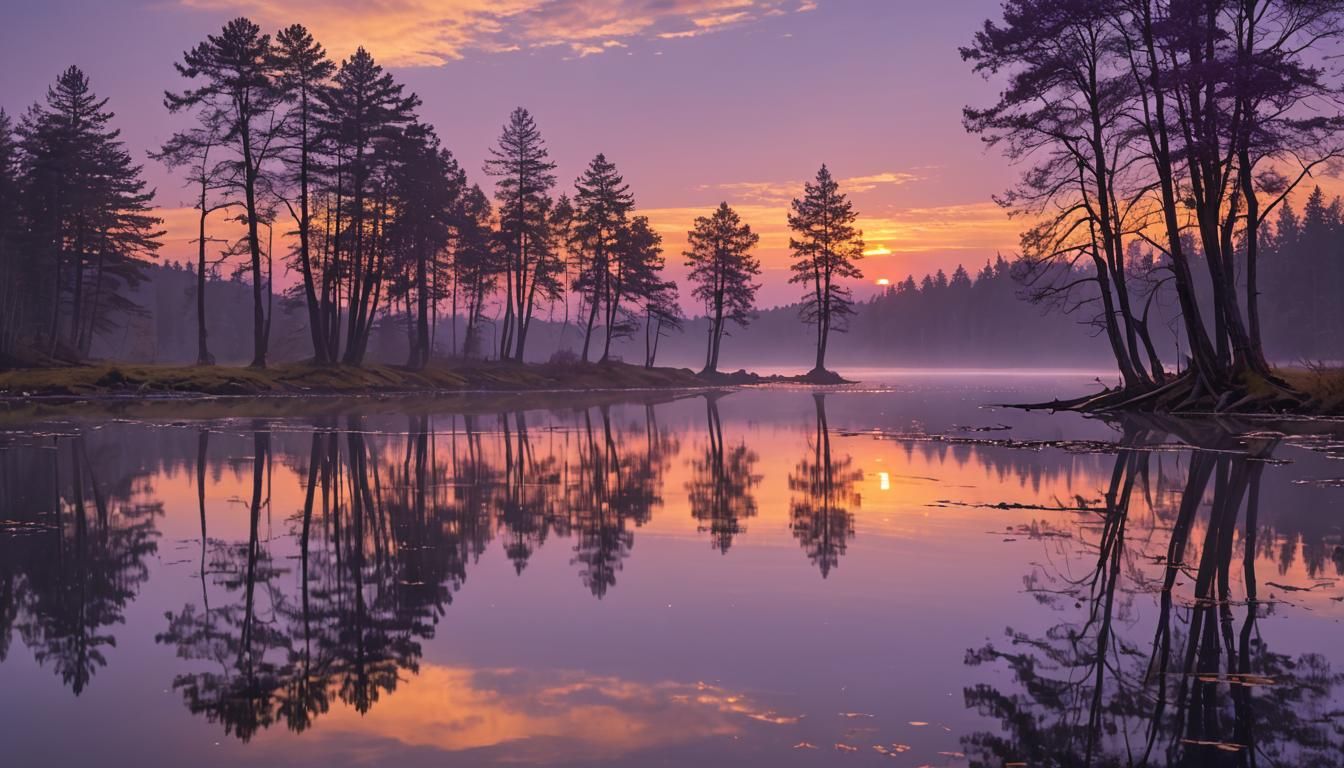 Lake Reflects Twilight's Dreamlike Glow