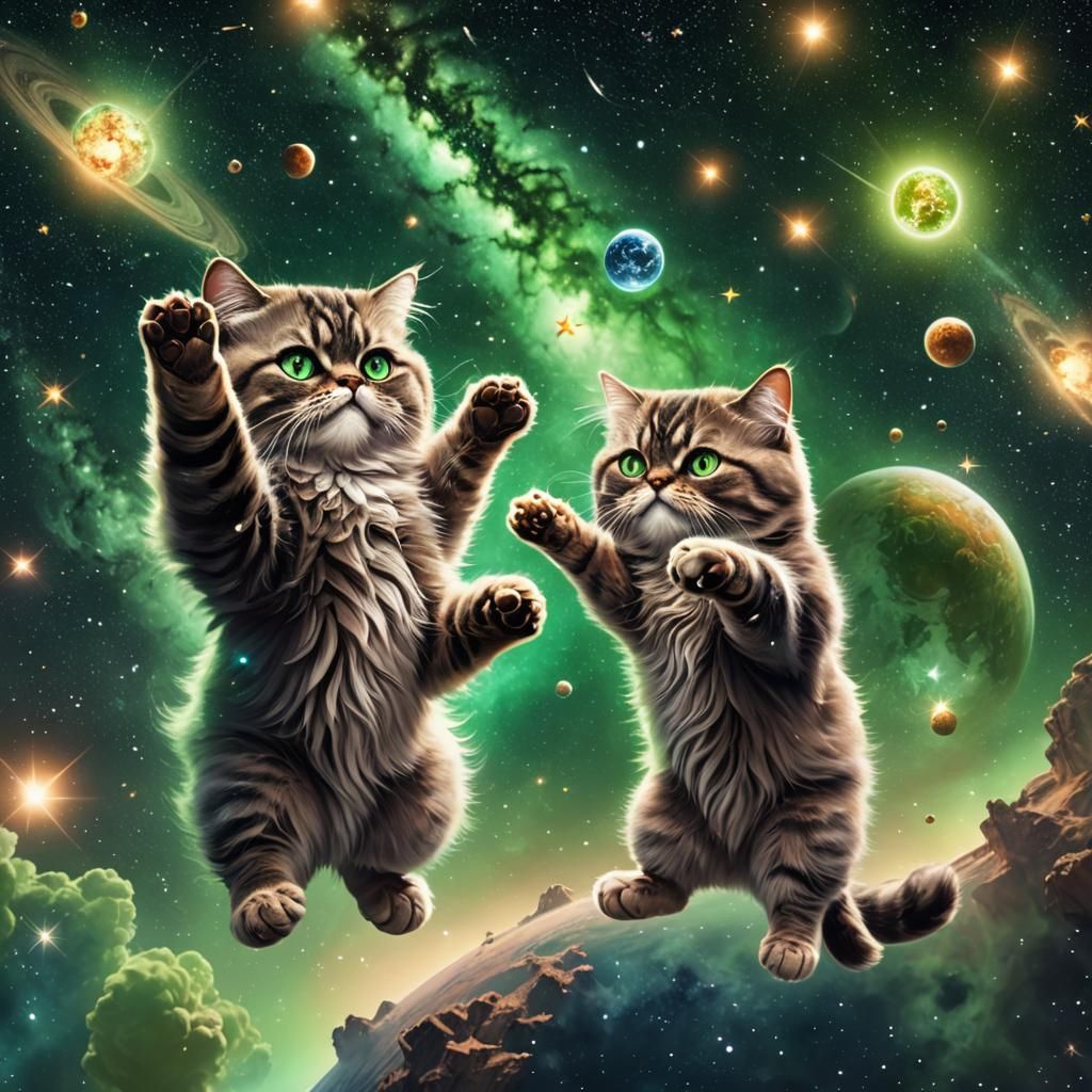 Persian Cats High Five in Space: Digital Matte Painting