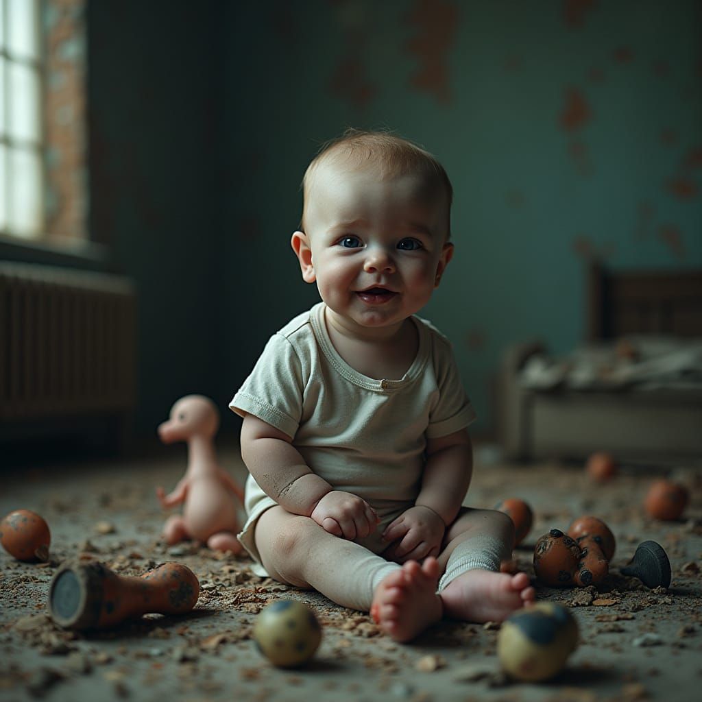Eerie Baby in Abandoned Nursery: Surreal Art