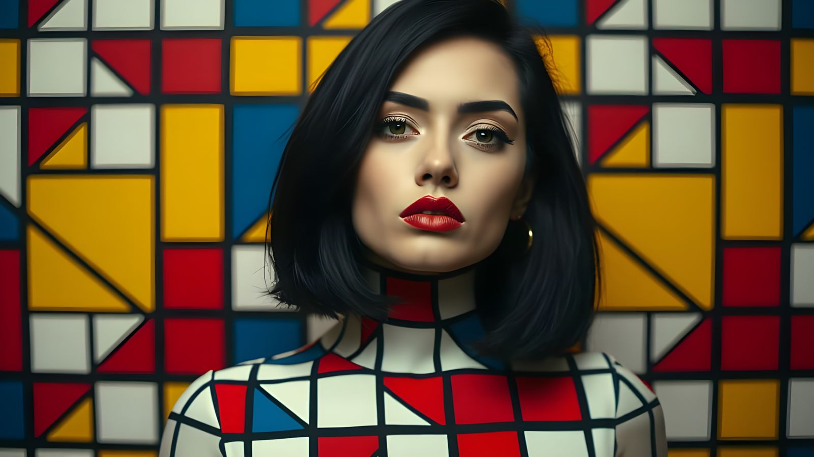 Woman Blurs into Geometric Pattern in Cinematic Photograph