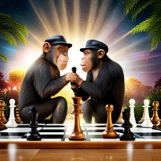 Chimpanzees Play Chess in Park, Holographic Illustration