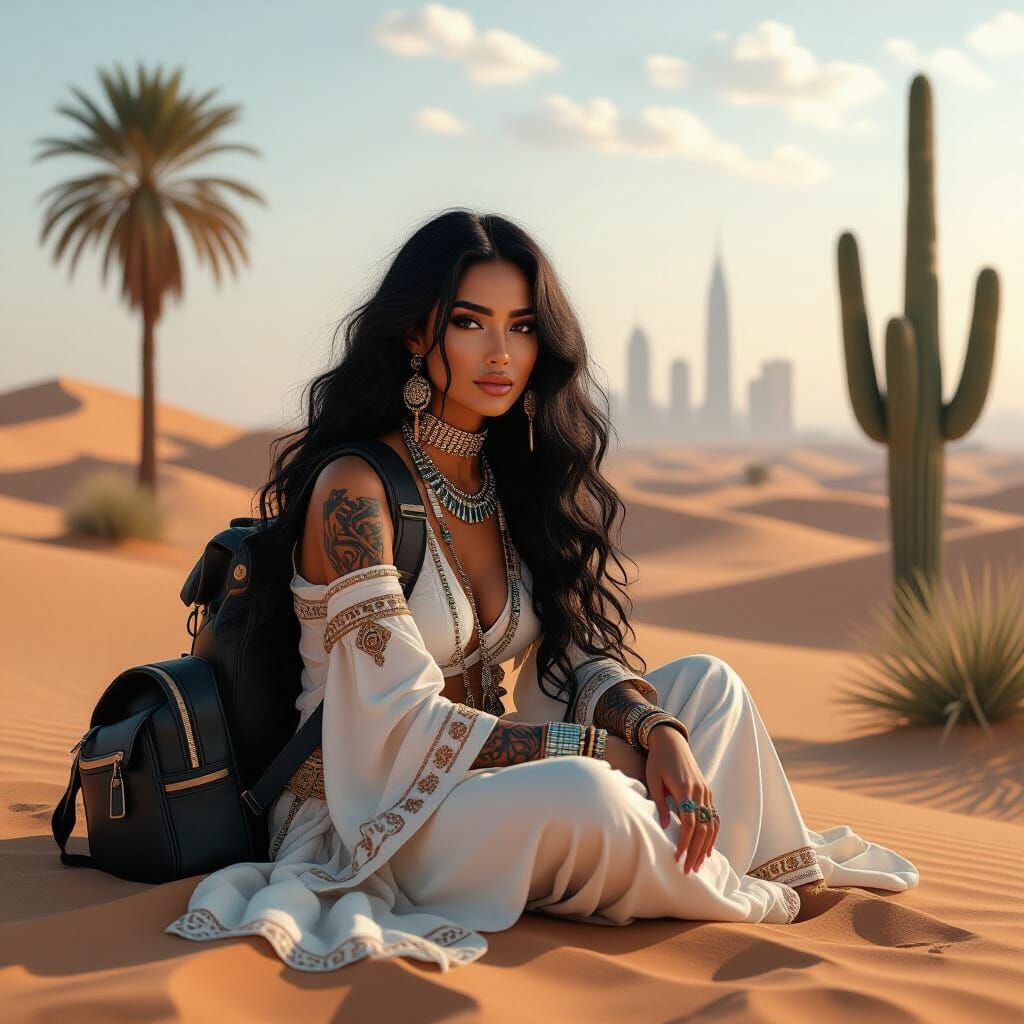 Cyberpunk Emirati Woman in Desert Landscape
