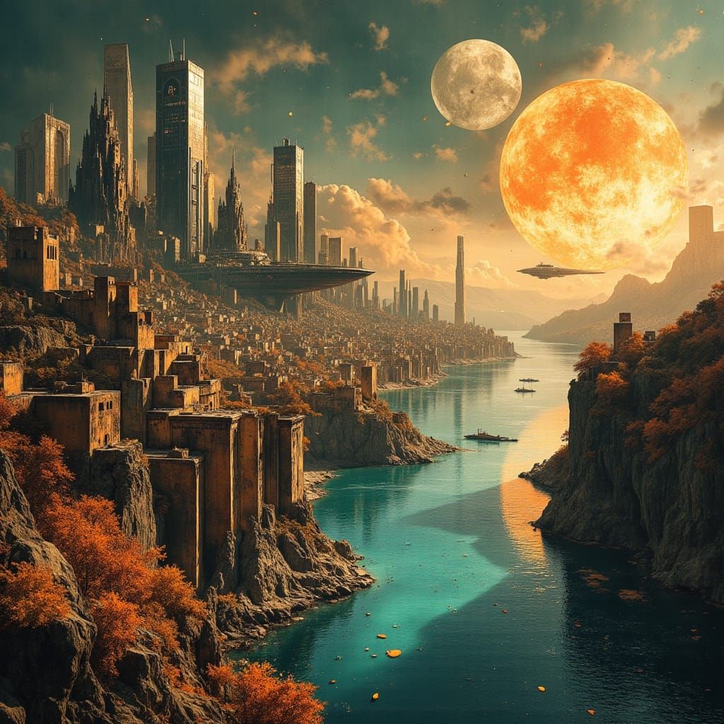 Afrofuturistic Cityscape with Pyramids and Cyberpunk Towers