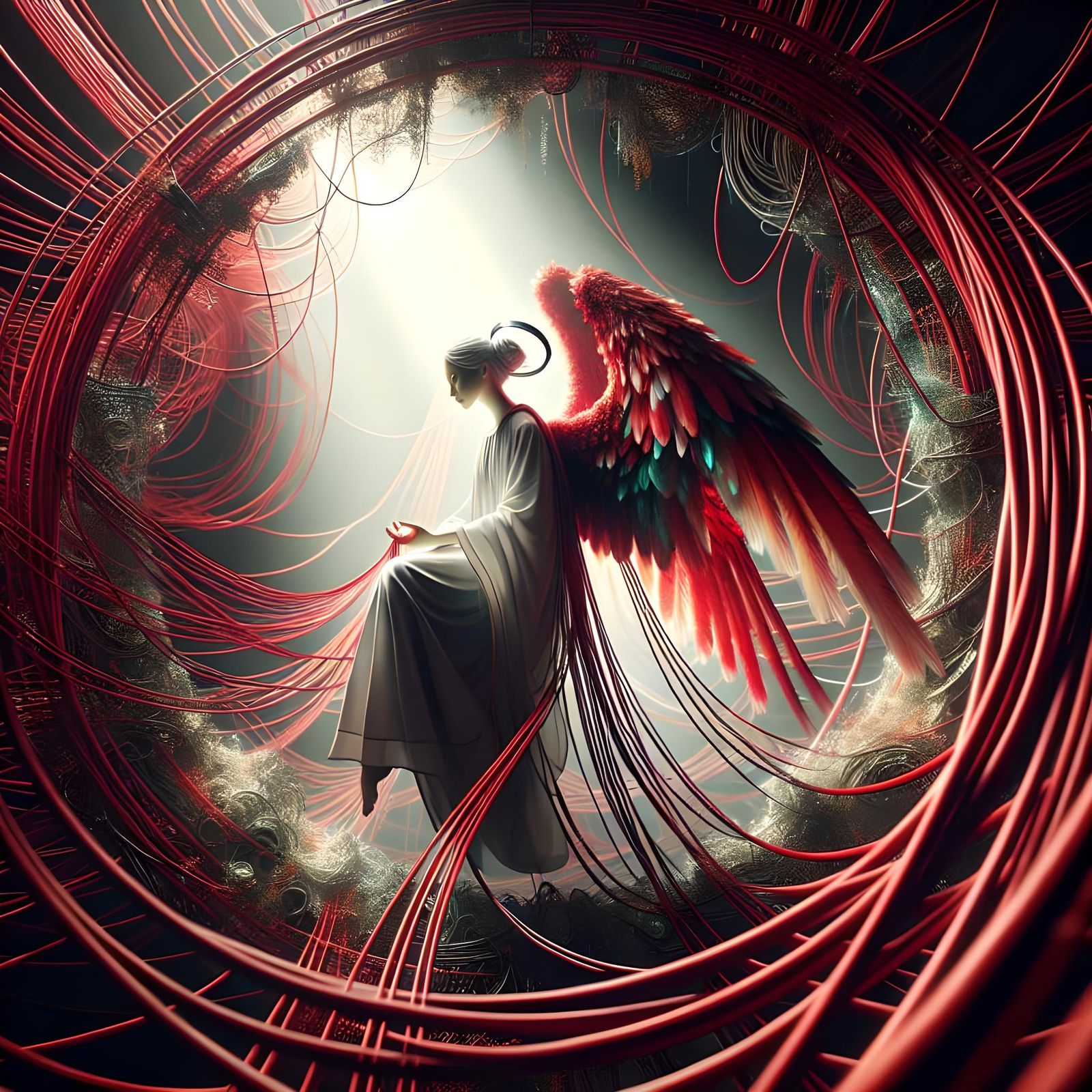 Archangel Entangled in Red Ropes: HDR Image