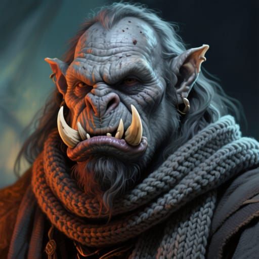 Grizzled Orc Ascetic with Scarf, Intricate Concept Art