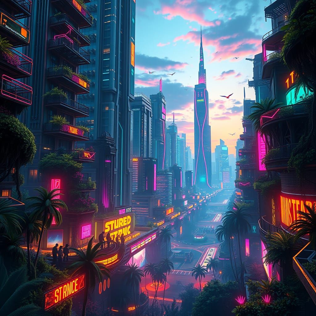 Neon Cityscape at Dusk: A Futuristic Eco-Art Vision
