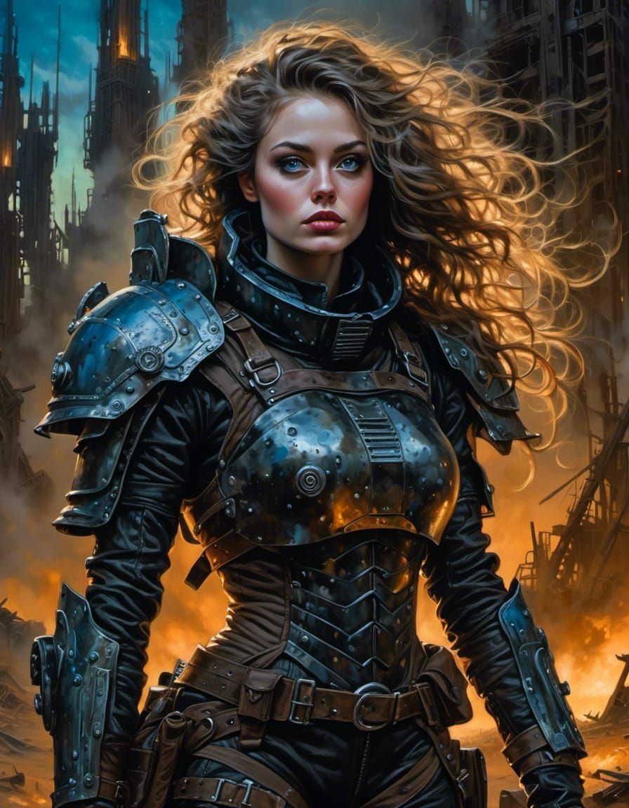 Post-Apocalyptic Aurora with Armored Woman