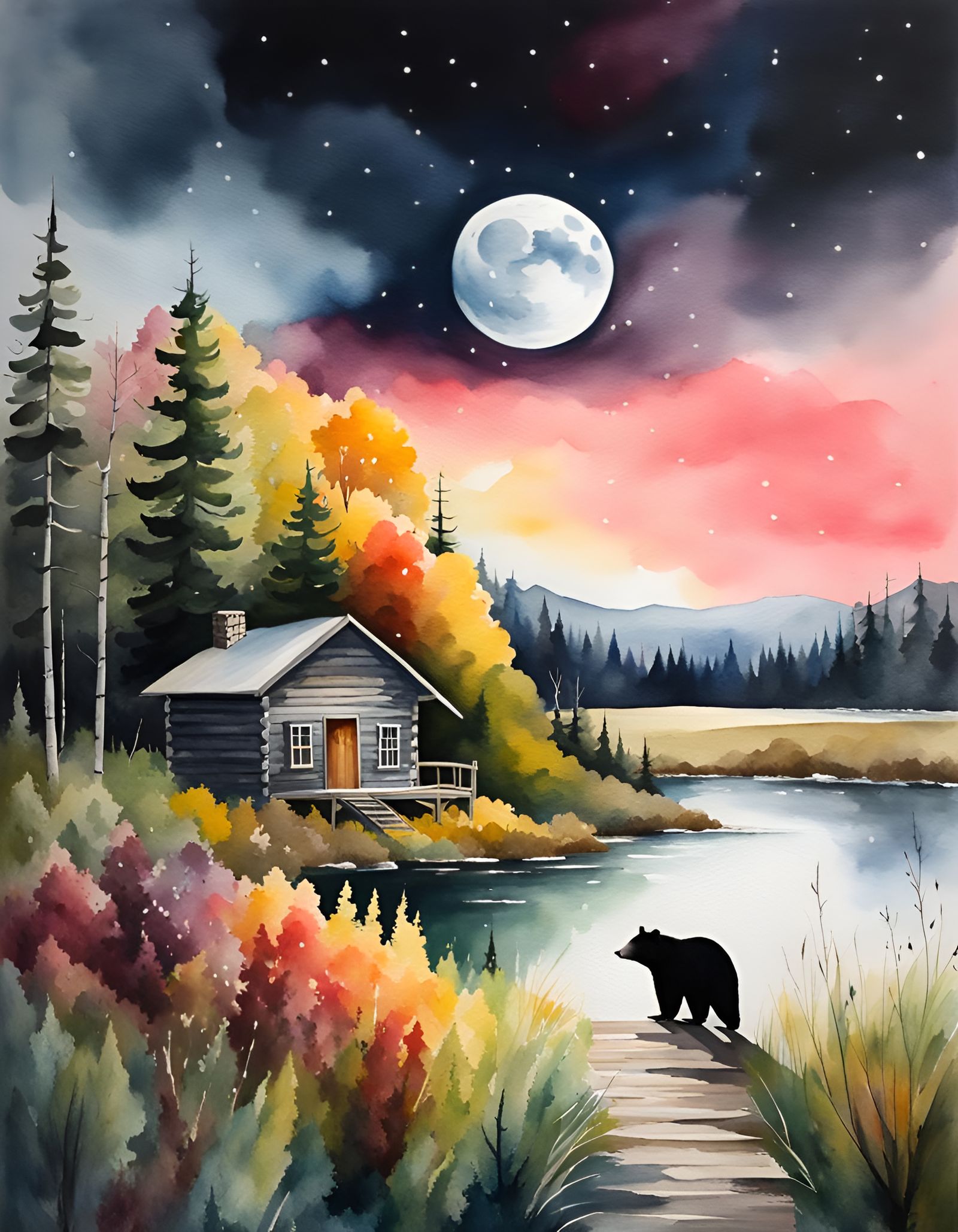 Moonlit Forest Cabin With Bear, Watercolor Landscape