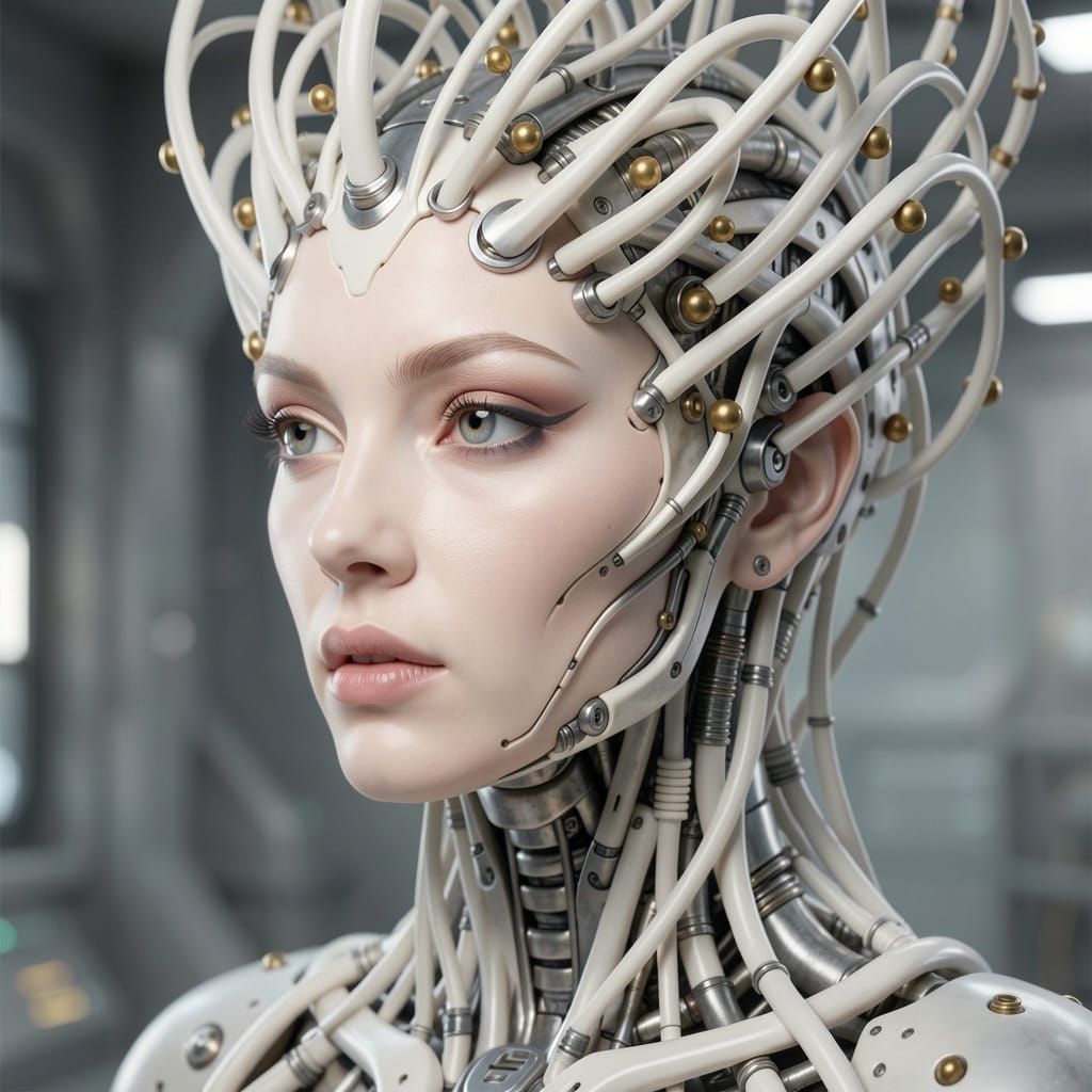 Feminine Android Portrait with Intricate Tech Headdress