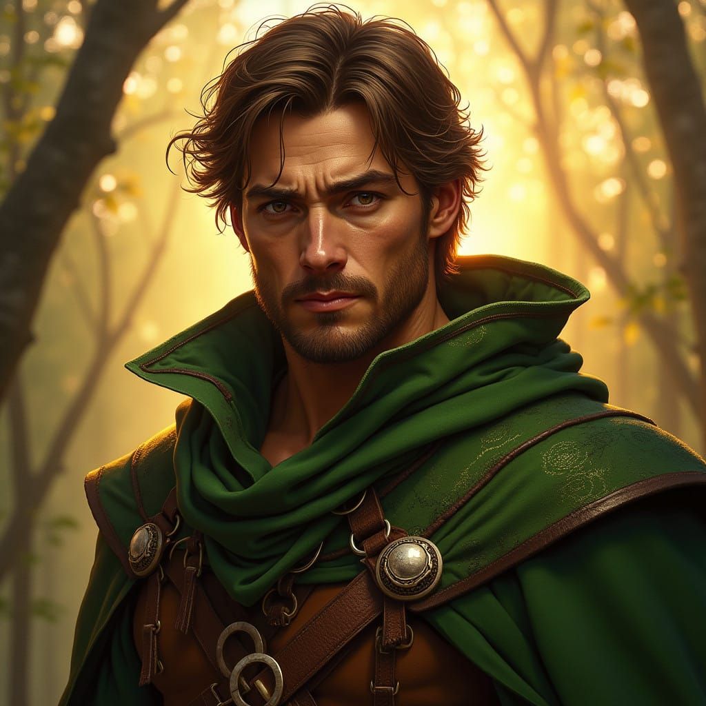 Stoic Human Ranger in Earthy Tones, Vivid Green Cloak, Pierc...