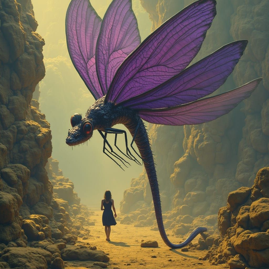 Cyberpunk Goddess Pilots Majestic Dragonfly Aircraft