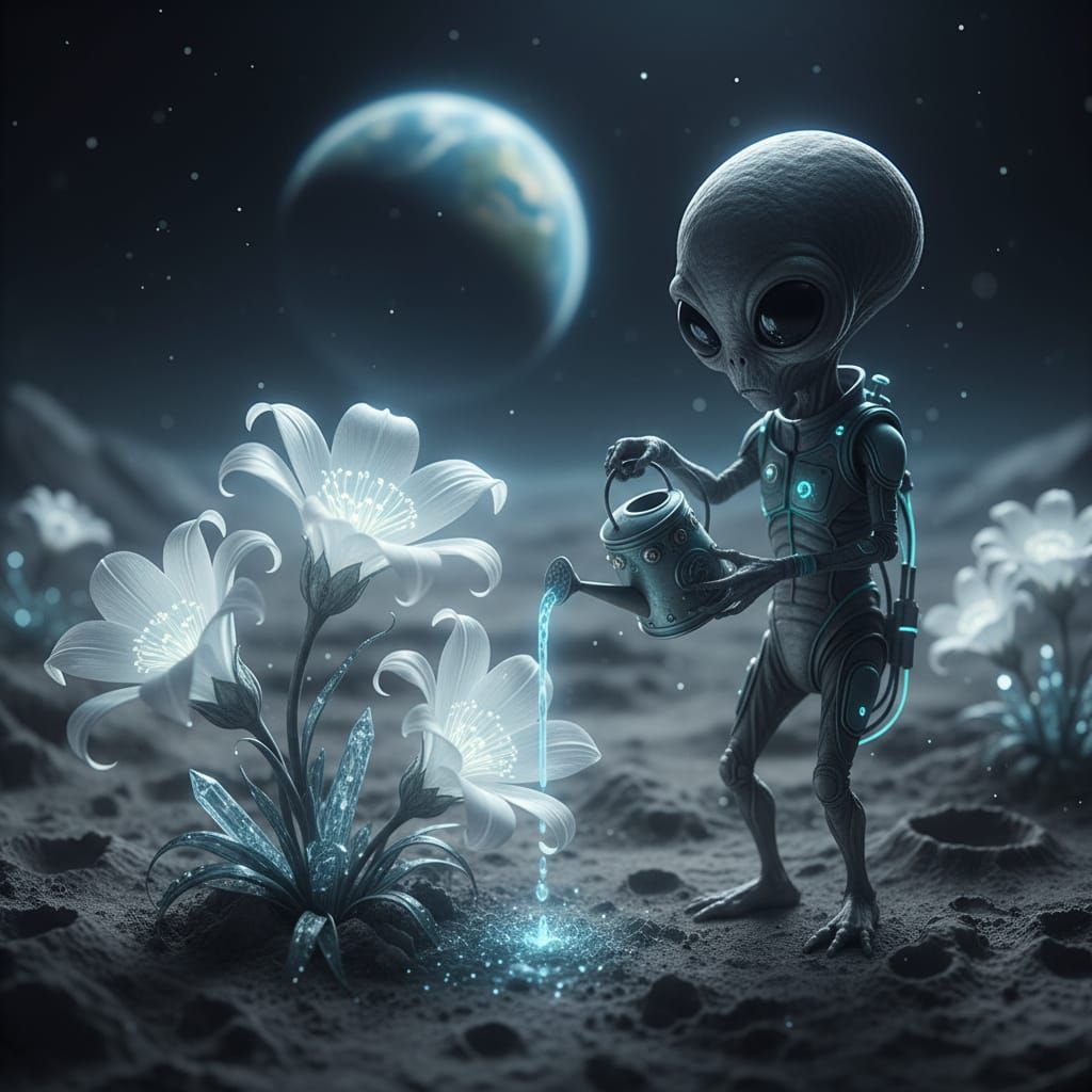 Alien Gardener on the Moon with Luminous Flowers