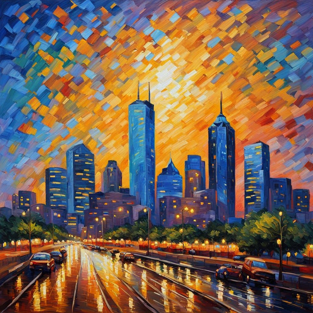 Dallas Cityscape in Neo-Impressionistic Oil Painting