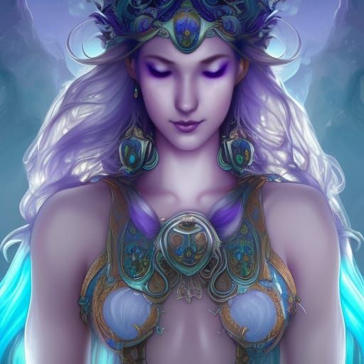 Moon Elf Queen Portrait in Island City, Hyperdetailed Art