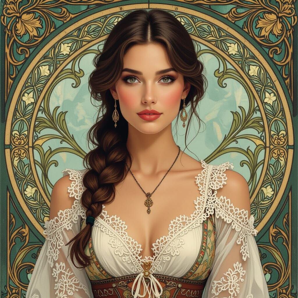 Elegant Woman in Lace Clothing, Art Nouveau Style