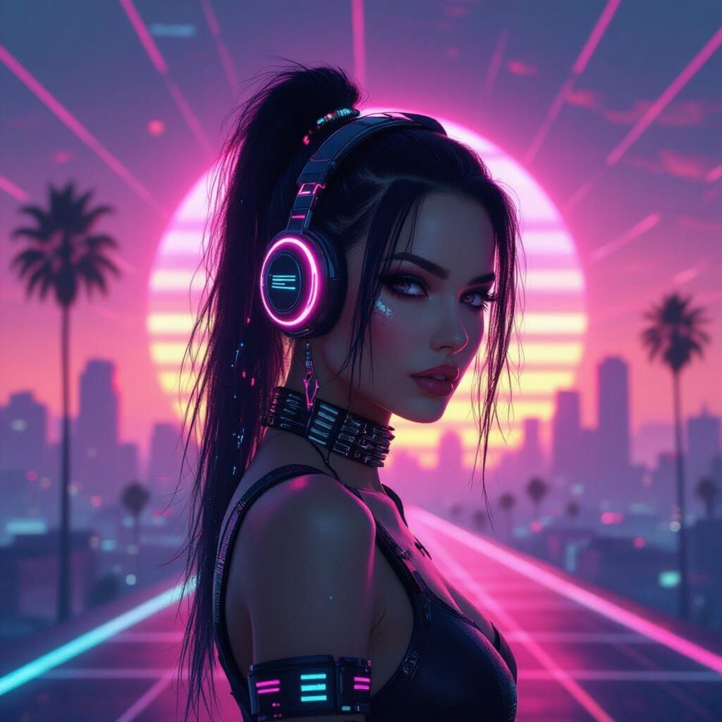 Cyberpunk Woman in Neon Vaporwave Cityscape