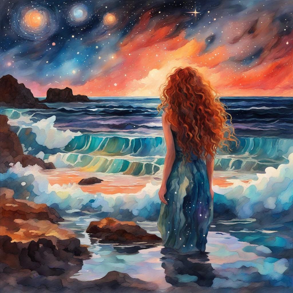 Auburn-Haired Woman at Coast in Gouache Style
