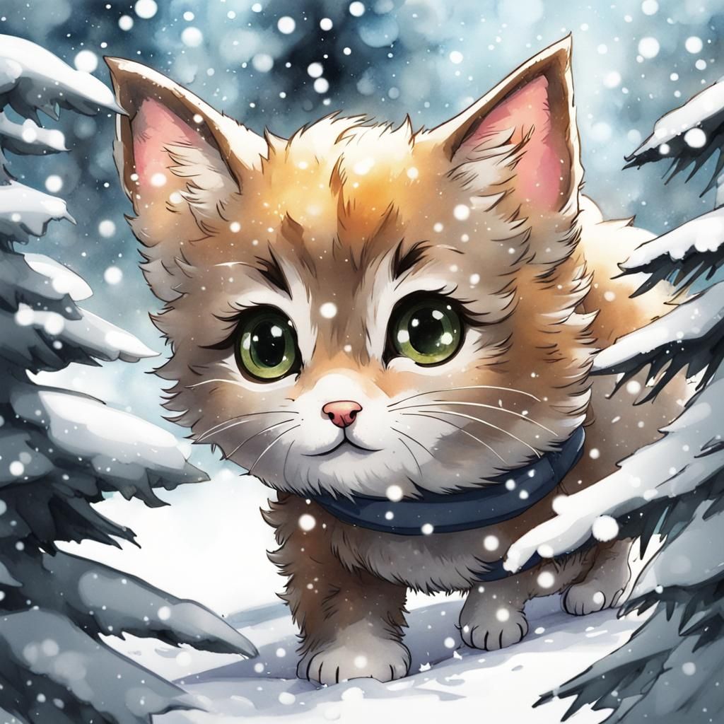 Kitten Walking in Snowy Forest: Anime-Style Painting
