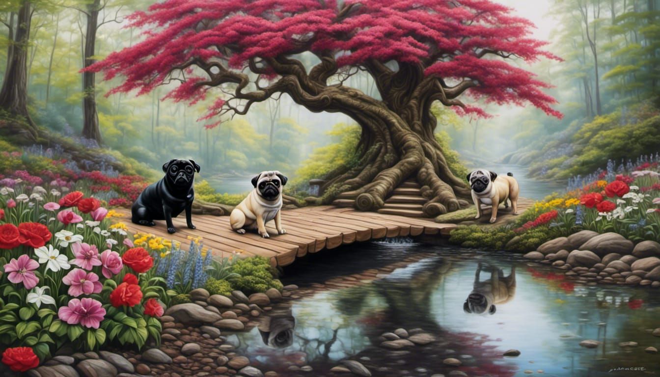 Treehouse with Pugs and Flowers in Realistic Style