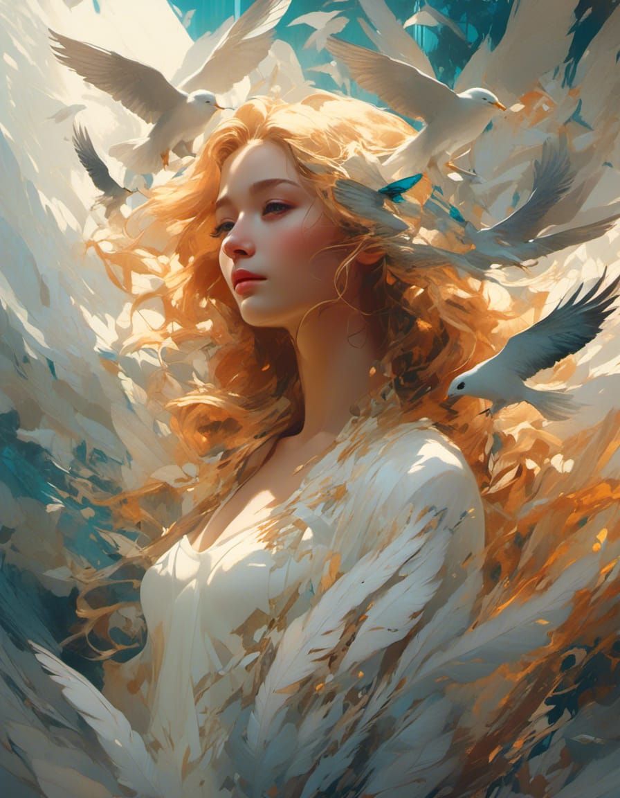 Double Exposure: Woman, Swan, and Feather Dress