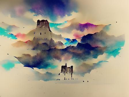 Minimalist Castle in Sky: Watercolor Ink Drawing
