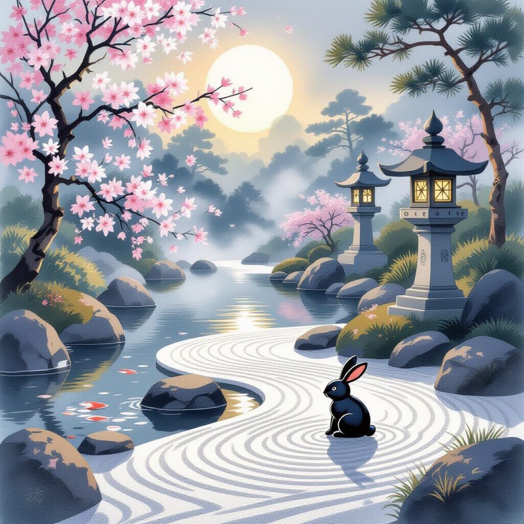 Clockwork Rabbit in Serene Japanese Garden at Dawn