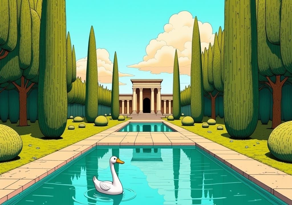 Ancient Greek Garden with Cypress Trees in Rackham Style