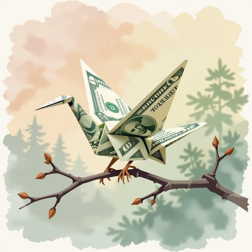 Origami Money Art: Crane on Euro Branch