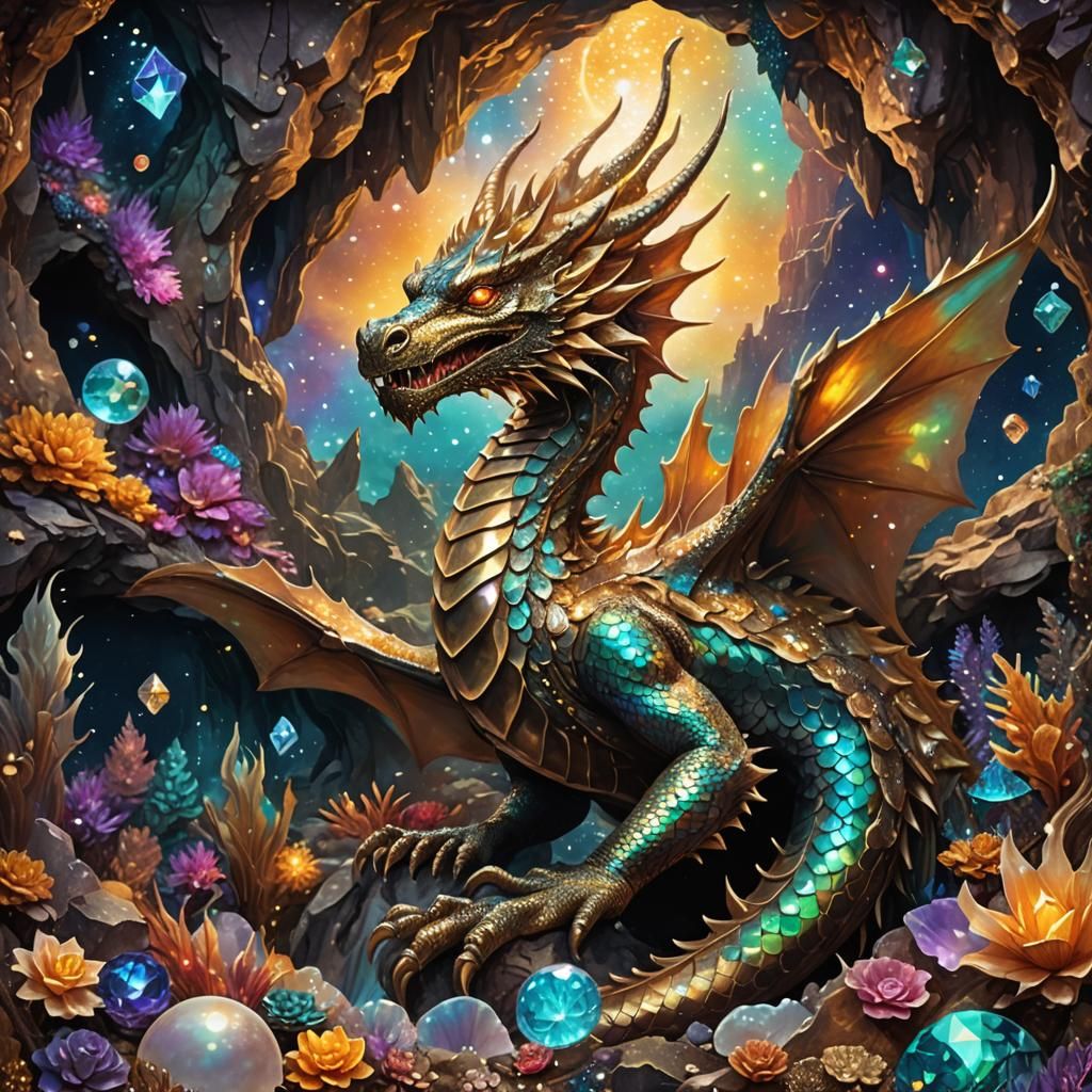 Bronze Dragon with Iridescent Scales in Astral Cave