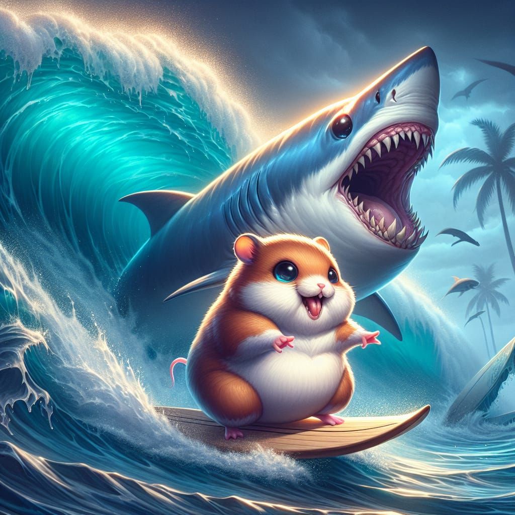Surfing Hamster and Shark in Hawaii