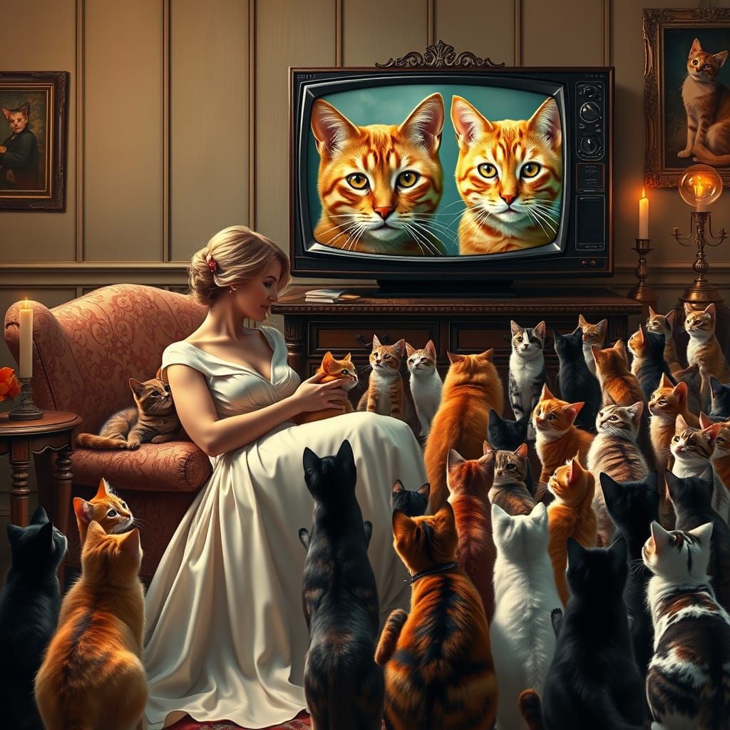 Woman with Cats Watching TV, Whimsical Realism Style