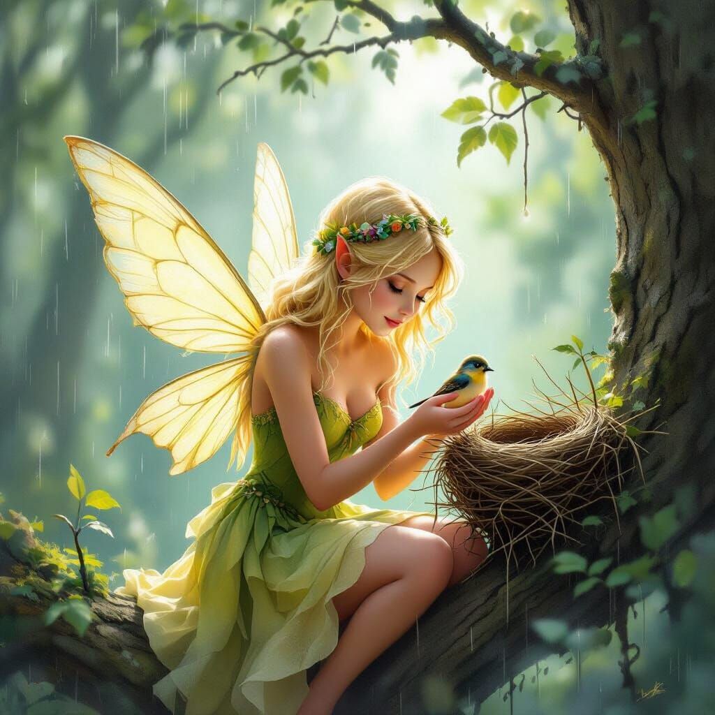 Blonde Fairy Gently Places Bird in Nest in Misty Forest