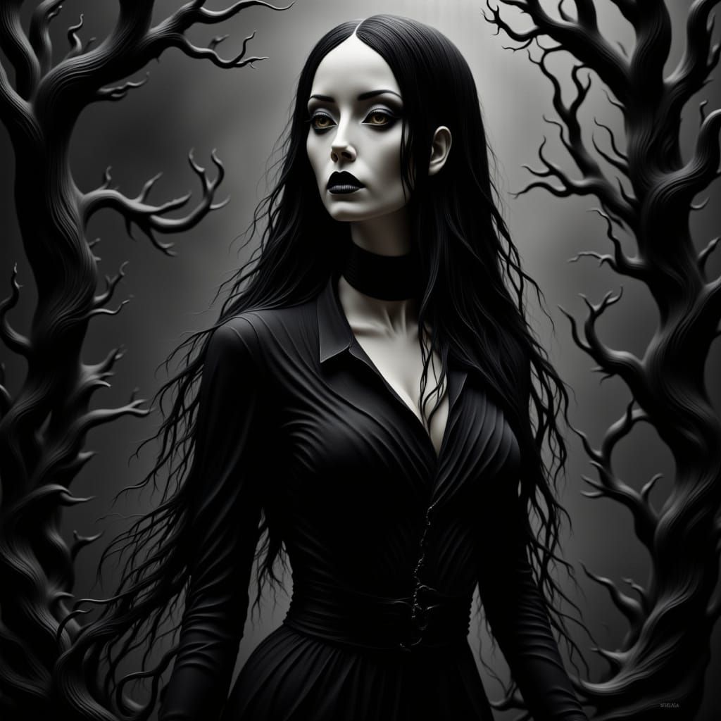Morticia Addams in Hitchcock Macabre Style