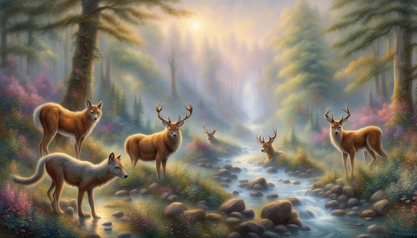 Harmonious Wildlife in Ethereal Forest River Scene