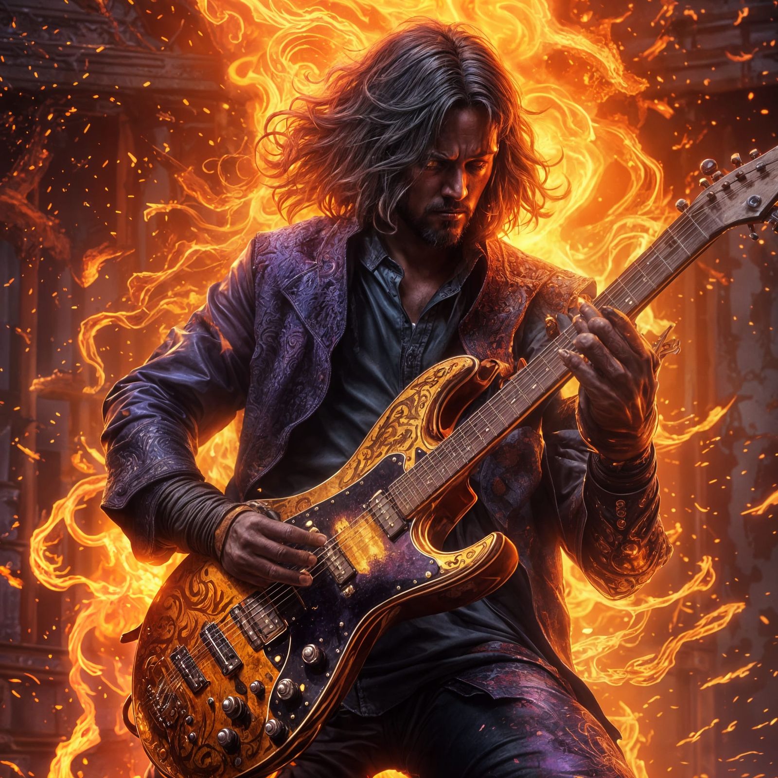 Fiery Heavy Metal Guitarist Concept Art