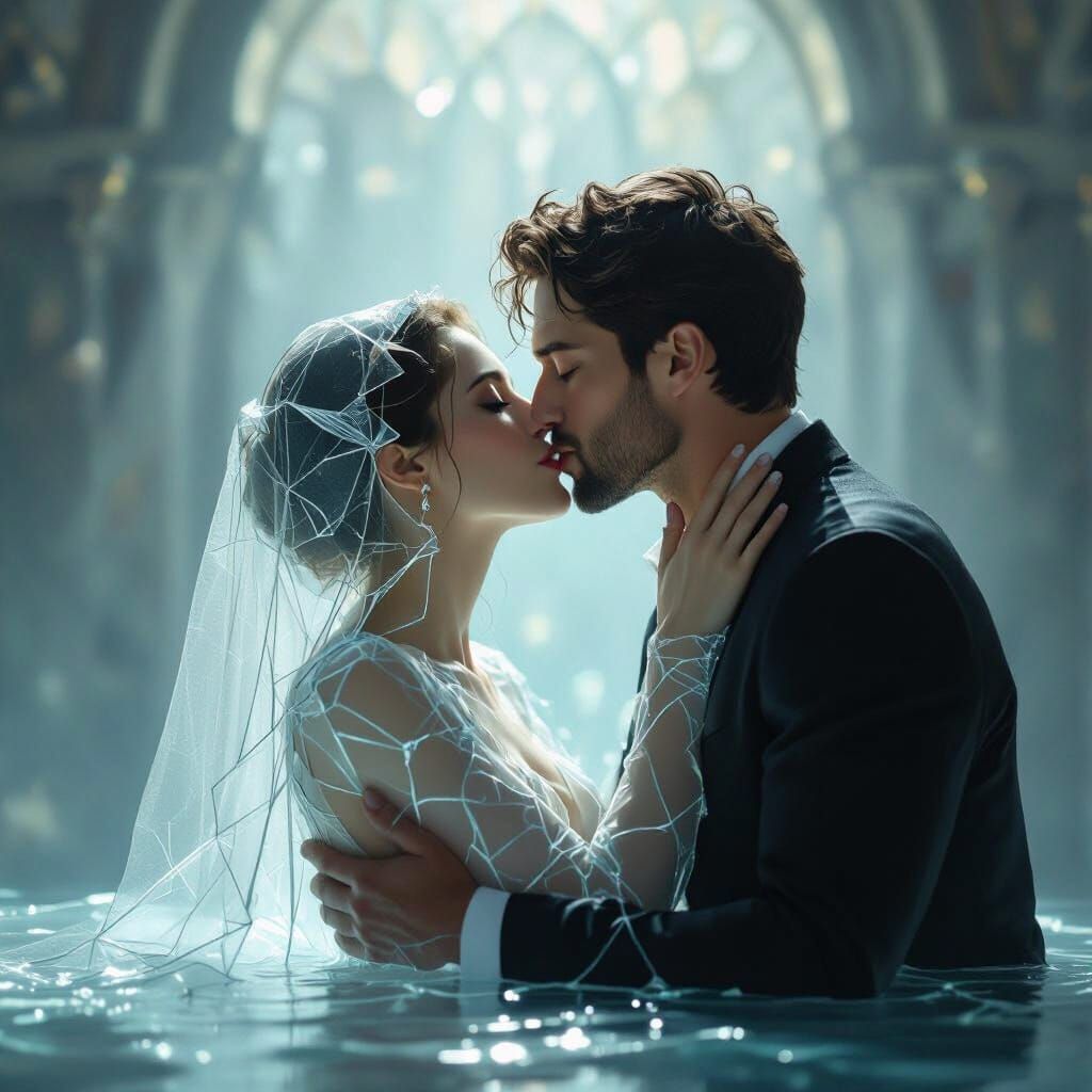 Glass Woman Kissed by Man, Cracking at Altar