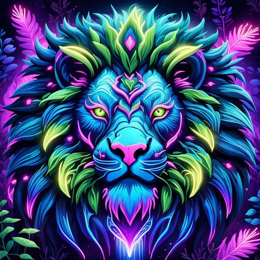 Neon Lion in Mystical Forest: Digital Art