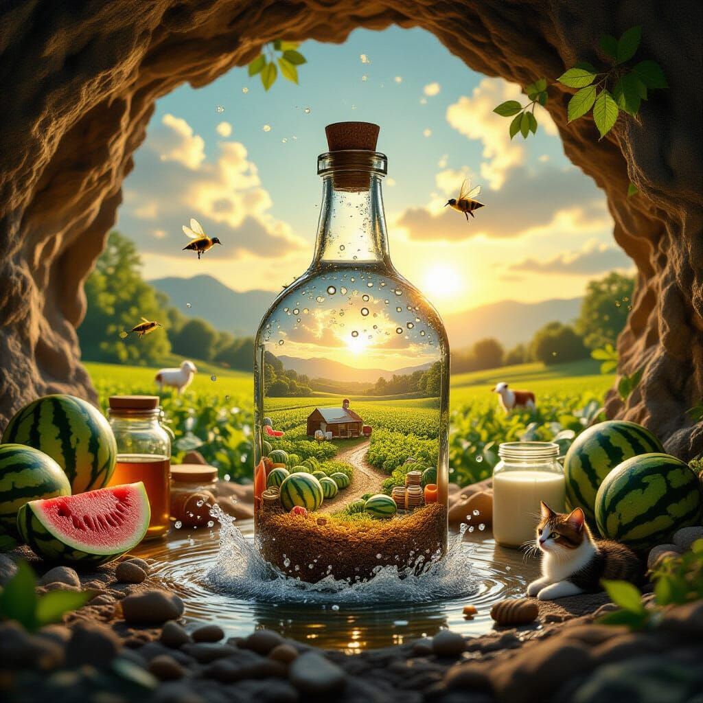 Miniature Farm Inside Bottle, Impressionist Style
