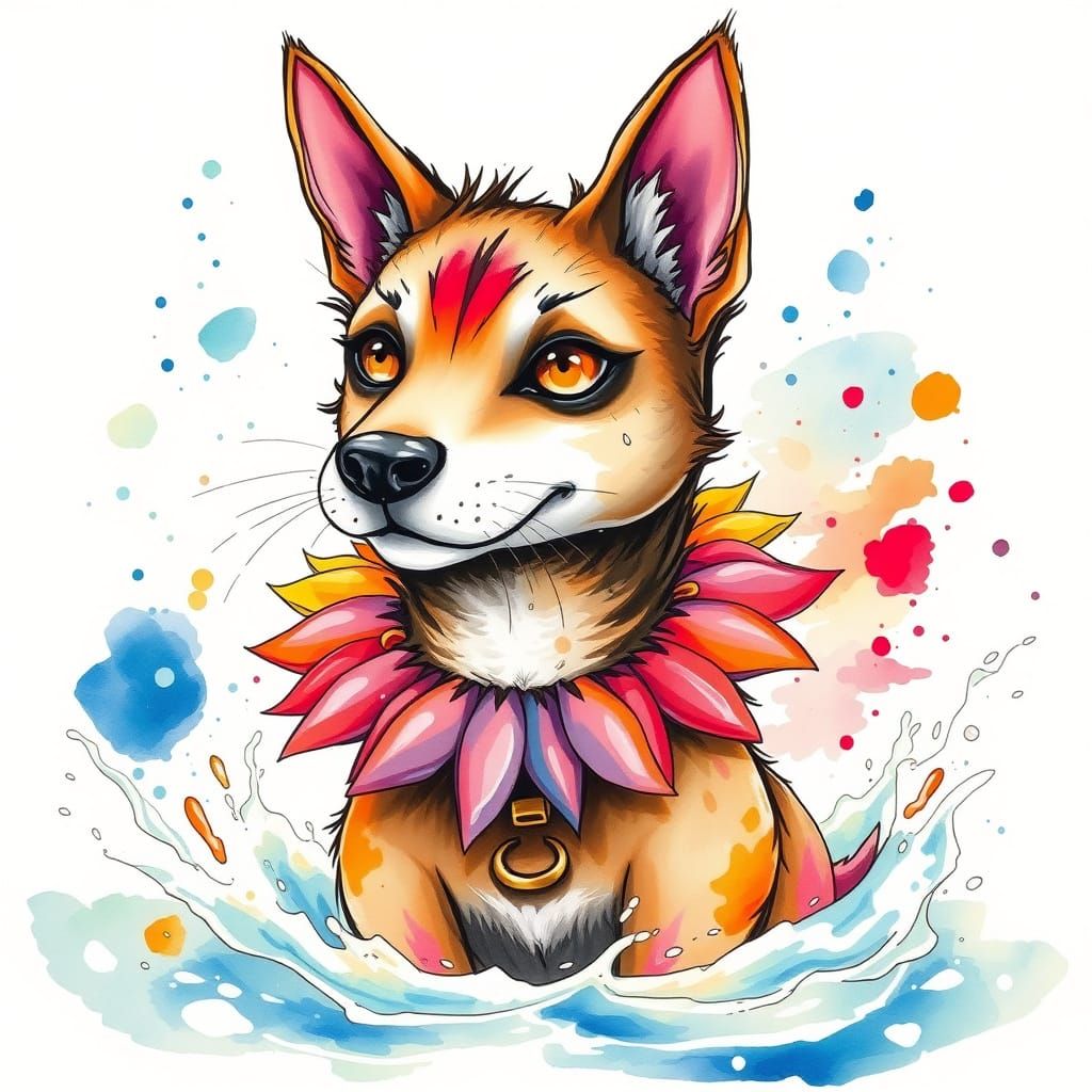 Whimsical Watercolour Dog Cat Hybrid in Vibrant Ink Splash