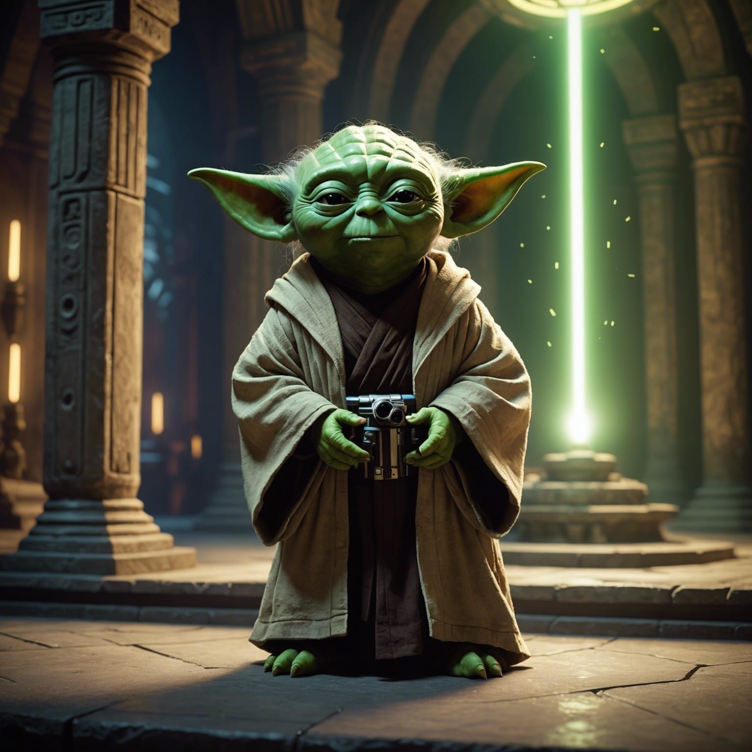 Yoda Smiles in Star Wars Temple with Dynamic Lighting