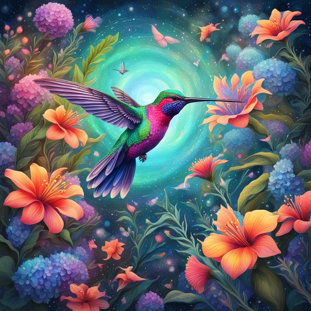 Hummingbird in Flight: Holographic Astral Illustration