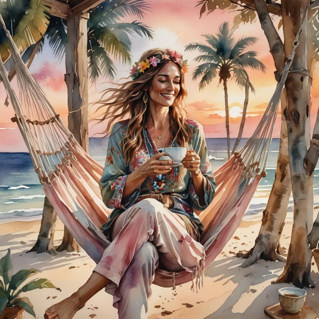 Watercolor Woman in Hammock at Sunset