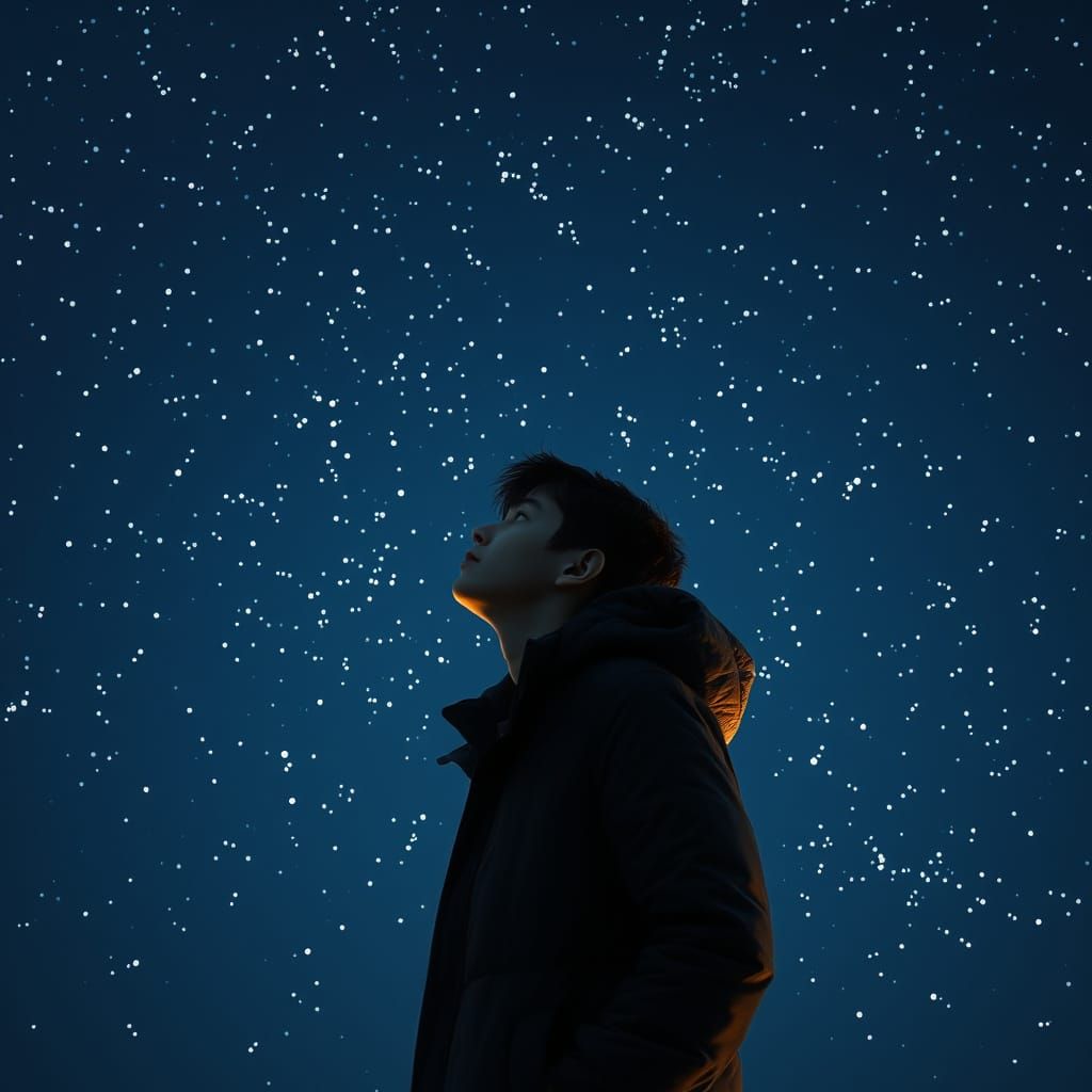Boy Gazing at Stars in Dreamy Digital Art
